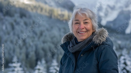 A joyful older woman with long gray hair smiling in a winter landscape with mountains and trees in the background, perfect for lifestyle and nature-themed projects.