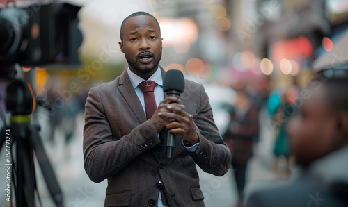 TV Journalist Lives Reporting From Urban Busy Street With Around Walking Peoples, Generative Ai. 