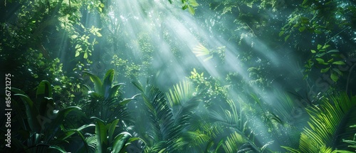 Sunlight Through Lush Tropical Rainforest Canopy.