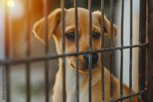 A touching image of a lonely puppy with golden fur behind the bars of a shelter cage, symbolizing themes of animal rescue and adoption. photo