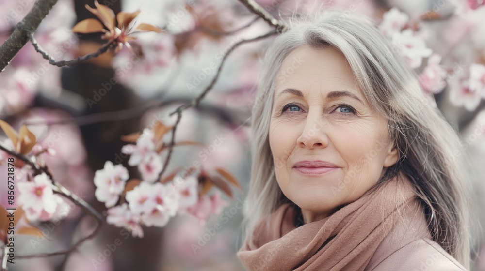 A serene older woman with long gray hair standing near blooming spring flowers, representing beauty in aging and the renewal of spring, ideal for lifestyle and nature-themed projects. A serene older woman with long gray hair standing near blooming spring flowers, representing beauty in aging and the renewal of spring, ideal for lifestyle and nature-themed projects.