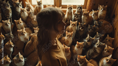 Woman and forty cats, female loneliness concept photo