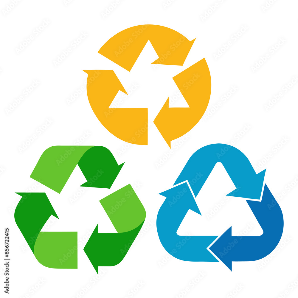 Three different colored recycling signs on a white background Three different colored recycling signs on a white background