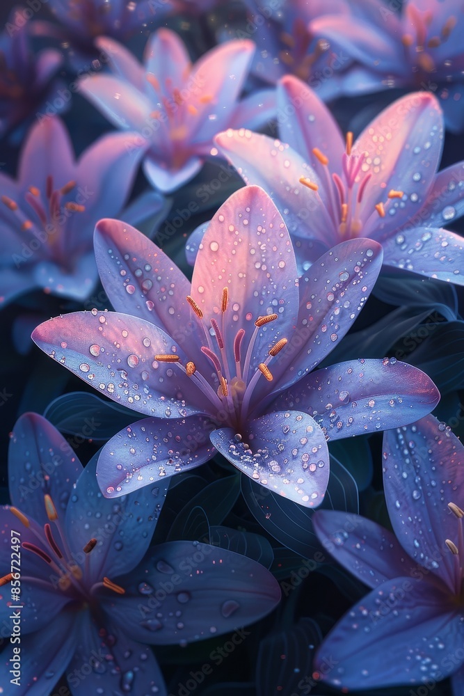 Close-Up View of Delicate Blue Lilies Covered in Dew Drops Close-Up View of Delicate Blue Lilies Covered in Dew Drops
