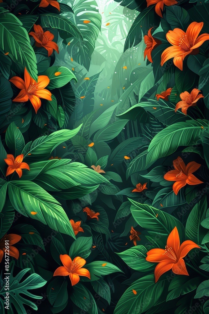 Lush Green Foliage With Bright Orange Flowers In A Tropical Forest Lush Green Foliage With Bright Orange Flowers In A Tropical Forest