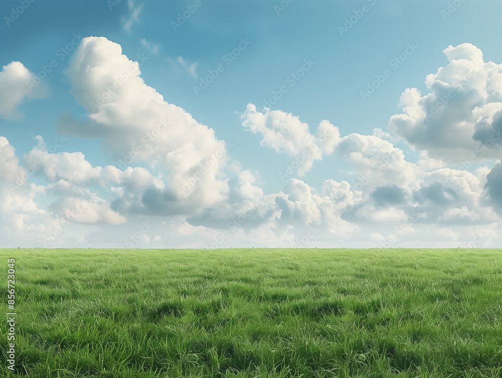 A realistic image of a blue field with clouds and grass in the sky A realistic image of a blue field with clouds and grass in the sky