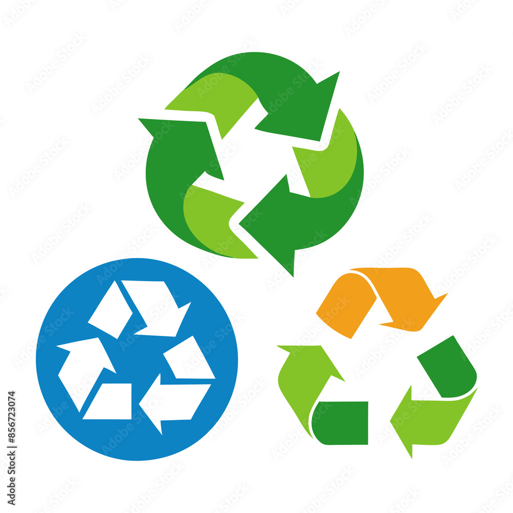 Three different colored recycling symbols stacked on white background Three different colored recycling symbols stacked on white background