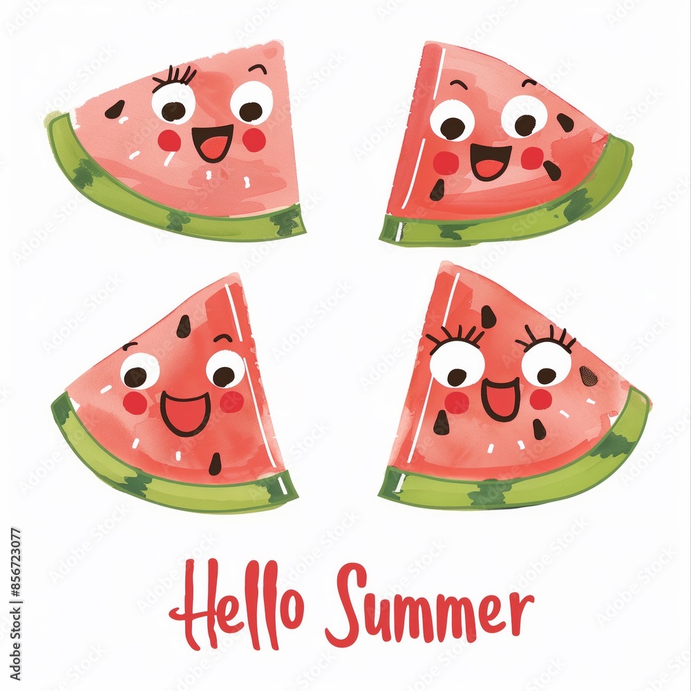 Adorable watermelon slices with happy faces and Adorable watermelon slices with happy faces and