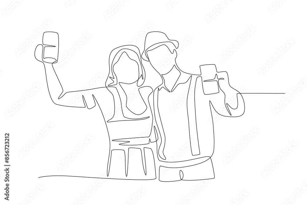 Couple drinking beer. Oktoberfest concept one-line drawing Couple drinking beer. Oktoberfest concept one-line drawing