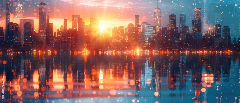 Fototapeta premium Cityscape Reflection at Sunset