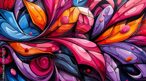 A contemporary urban wall background with vibrant graffiti art, including street art elements like murals, tags, and abstract patterns, dynamic and bold colors, high contrast and sharp details photo
