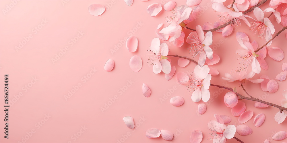 Banner with flowers on peach color background. Greeting card template for Wedding, mothers or womans day. Springtime composition with copy space. Flat lay style Banner with flowers on peach color background. Greeting card template for Wedding, mothers or womans day. Springtime composition with copy space. Flat lay style