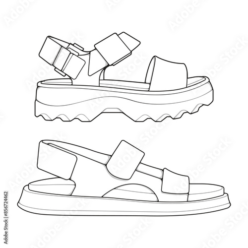 set of outline Cool strap sandals. strap sandals outline drawing vector, strap sandals drawn in a sketch style.