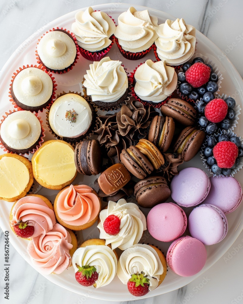 Overhead shot of a gourmet dessert platter featuring colorful macarons, elegantly arranged on a white porcelain plate with artistic garnishes Overhead shot of a gourmet dessert platter featuring colorful macarons, elegantly arranged on a white porcelain plate with artistic garnishes