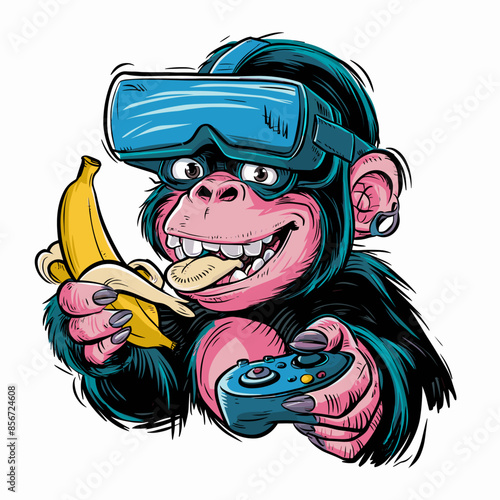 funny chimp with VR Glasses and banana