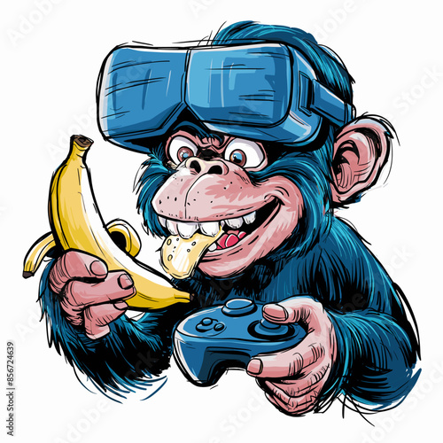 funny chimp with VR Glasses and banana