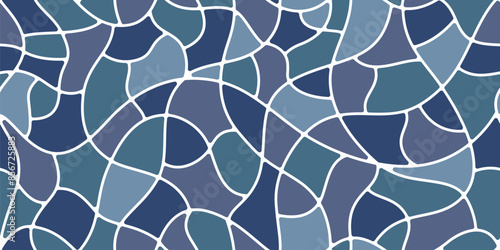 Rounded plump mosaic stone tile pattern, grey paving floor background. Vector seamless ornament with pebble texture. Pavement surface with wavy curve lines and interlocked, sidewalk or garden road