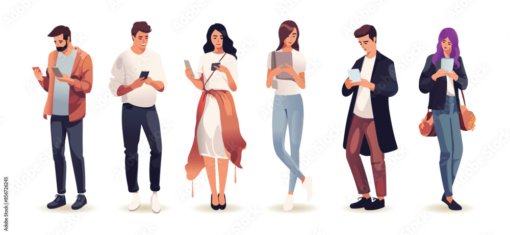 Obraz premium People holding and using mobile phones. Characters grasping smartphones in their hands. Both men and women. Flat vector on white background.