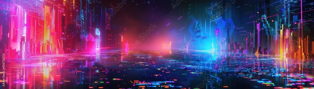 Obraz premium Futuristic digital landscape with vibrant neon lights reflecting on a glossy surface, evoking a cyberpunk and sci-fi atmosphere.