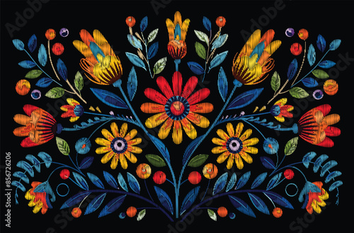 Mexican flower traditional pattern background. Mexican ethnic embroidery decoration ornament. Flower symmetry texture. Ornate folk graphic, wallpaper. Festive mexican floral motif. 