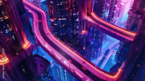 Futuristic cityscape with glowing neon lights and elevated roads, showcasing a cyberpunk theme and vibrant urban environment at night.