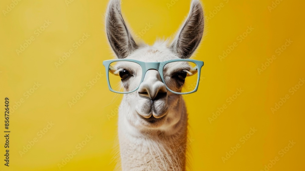 Obraz premium Llama in Blue Glasses, Bright Yellow Background