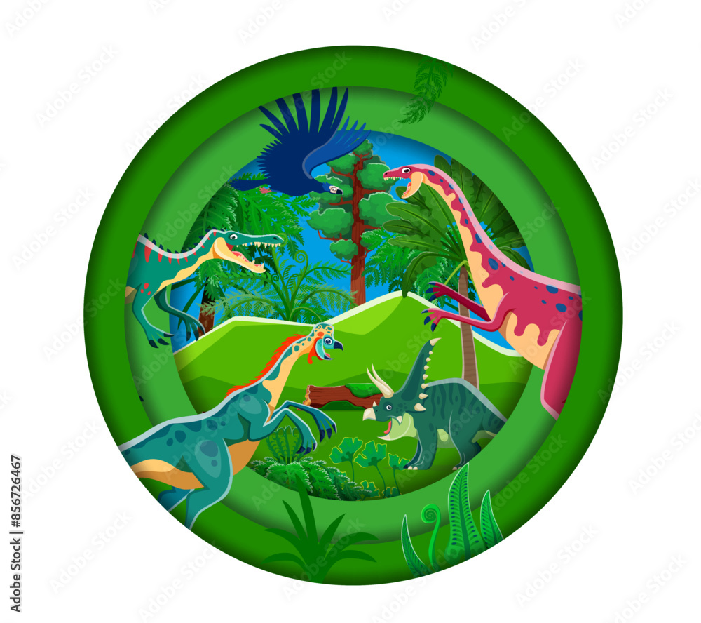 Paper cut landscape with prehistoric dinosaurs. Cartoon 3d vector round papercut frame filled with Argentavis Anchisaurus chasmosaurus oviraptor and suchomimus Dino species at green jungle landscape Paper cut landscape with prehistoric dinosaurs. Cartoon 3d vector round papercut frame filled with Argentavis Anchisaurus chasmosaurus oviraptor and suchomimus Dino species at green jungle landscape