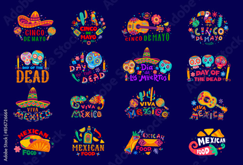 Mexican holidays lettering icons. Mexico fiesta vector typography font with cartoon Day of the Dead skulls, sombrero hats, guitars and maracas. Cinco de Mayo festival food, tequila, flowers and cactus