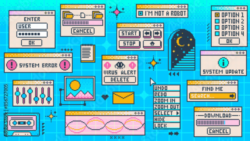 Retro computer window y2k page interface. Vector rave blue pc desktop with virus alert message, equalizer, cassette, download bar, system update and options, menu control buttons in old 2000s style