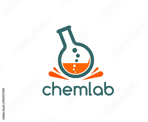 Science lab icon. Isolated vector emblem for scientific chemical laboratory with stylized beaker or flask containing an orange liquid with bubbles, splashes and word chemlab in sans-serif typeface