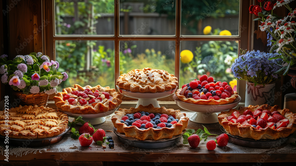 Freshly baked berry pie in a rustic style on a window sill Freshly baked berry pie in a rustic style on a window sill
