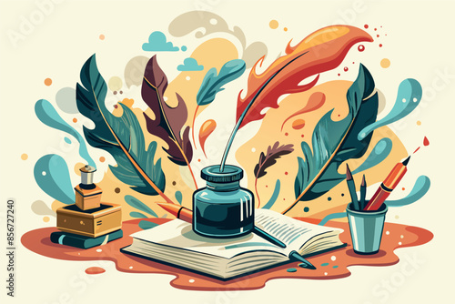a book with open blank pages surrounded by bright feathers that dynamically burst out of an ink bottle, symbolizing the flow of ideas. The quill is dipped in the inkwell, ready to write.