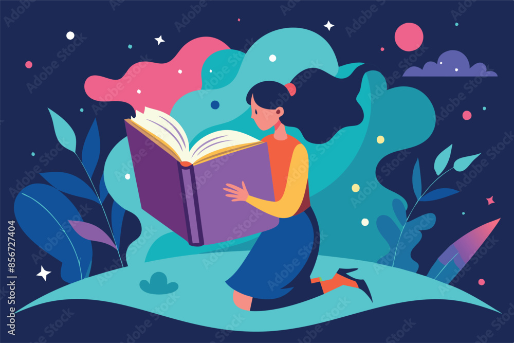 a person reading a large open book. The book emits a bright light, illuminating the surrounding area and creating an atmosphere of discovery and enlightenment. a person reading a large open book. The book emits a bright light, illuminating the surrounding area and creating an atmosphere of discovery and enlightenment.