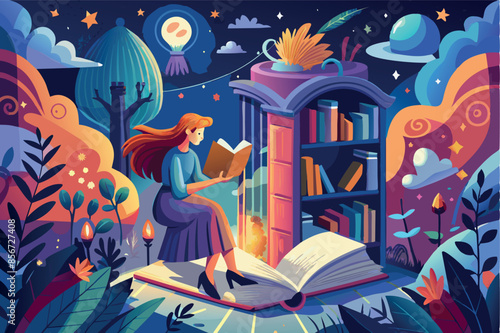 a person reading a large open book. The book emits a bright light, illuminating the surrounding area and creating an atmosphere of discovery and enlightenment.