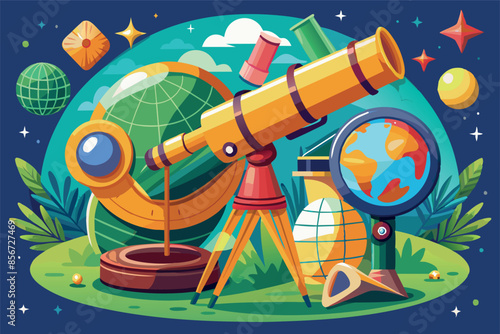 illustration of astronomical instruments, including a large telescope on a tripod and a tabletop globe representing a planet or moon.