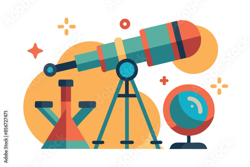 illustration of astronomical instruments, including a large telescope on a tripod and a tabletop globe representing a planet or moon.