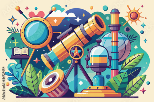 illustration of astronomical instruments, including a large telescope on a tripod and a tabletop globe representing a planet or moon.