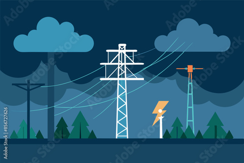 Illustration of a dramatic stormy sky over suburbia, with lightning cutting through dark swirling clouds. Electric poles stand out in the background, creating a tense atmosphere.