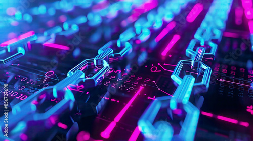 Abstract blockchain technology depiction digital network patterns with neon lights futuristic and high-tech background
