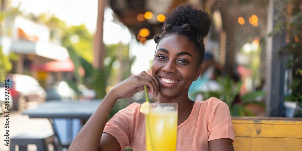 A young African woman enjoys a cocktail with a straw at a cafe, looking happy and relaxed. A young African woman enjoys a cocktail with a straw at a cafe, looking happy and relaxed.
