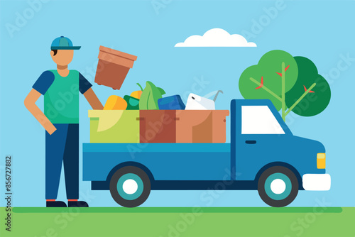 man standing next to a blue pickup truck, which alludes to a scene of garbage collection or recycling. The atmosphere of the image conveys a sense of environmental responsibility and cleanliness.