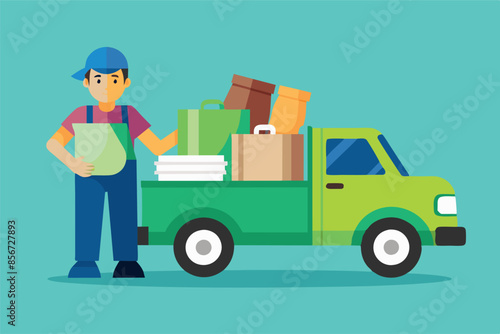 man standing next to a blue pickup truck, which alludes to a scene of garbage collection or recycling. The atmosphere of the image conveys a sense of environmental responsibility and cleanliness.