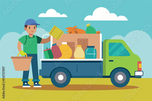 man standing next to a blue pickup truck, which alludes to a scene of garbage collection or recycling. The atmosphere of the image conveys a sense of environmental responsibility and cleanliness.
