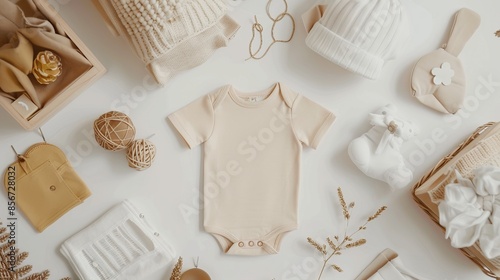 Displayed is a gender-neutral baby garment made from organic cotton, alongside various baby accessories, ideal for newborn fashion and small business branding ideas photo