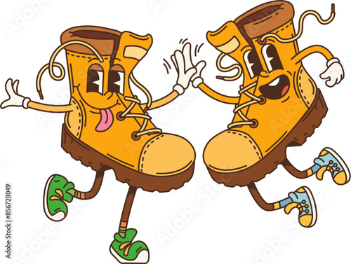 Cartoon travel boots retro groovy camp and tourism characters. Isolated vector pair of orange colored footwear personages with happy faces and tongues out, dancing joyfully ready for hiking adventure