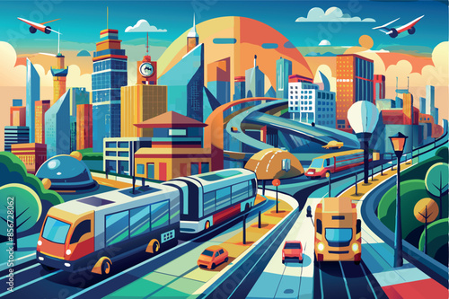cityscape with different modes of transportation. Buildings of different sizes and colors create a dynamic and multicolored image of the city. lively urban environment