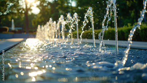 Fountain jets spraying water in a sunlit park. photo