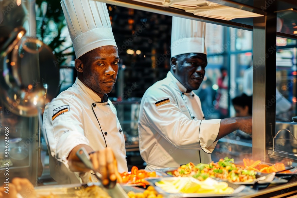 A pair of skilled black chefs expertly prepare food in a high-end kitchen, showcasing their culinary prowess with precision and professionalism. A pair of skilled black chefs expertly prepare food in a high-end kitchen, showcasing their culinary prowess with precision and professionalism.