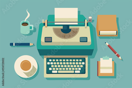 A vintage-style desk with a typewriter in the center and a blank sheet of paper inserted in it. creates a sense of tranquility conducive to deliberate work or literary creation.