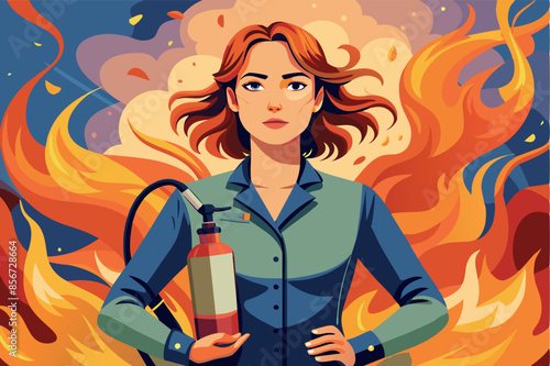 a character in the image of a fireman against the background of a fire. she holds a fire extinguisher, and his hair merging with the flames creates a dynamic and tense atmosphere.